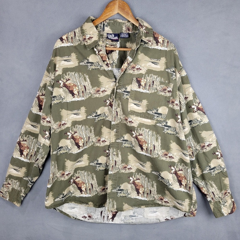 Cold Storage Shirt Mens XL Green Hunting Deer‎ Wildlife Allover Print Button Up